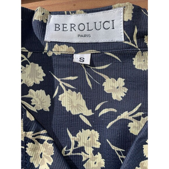 Beroluci of Paris 100% Silk Women's Sport Btn Blouse Dark Blue Tan Floral SMALL - Picture 10 of 10